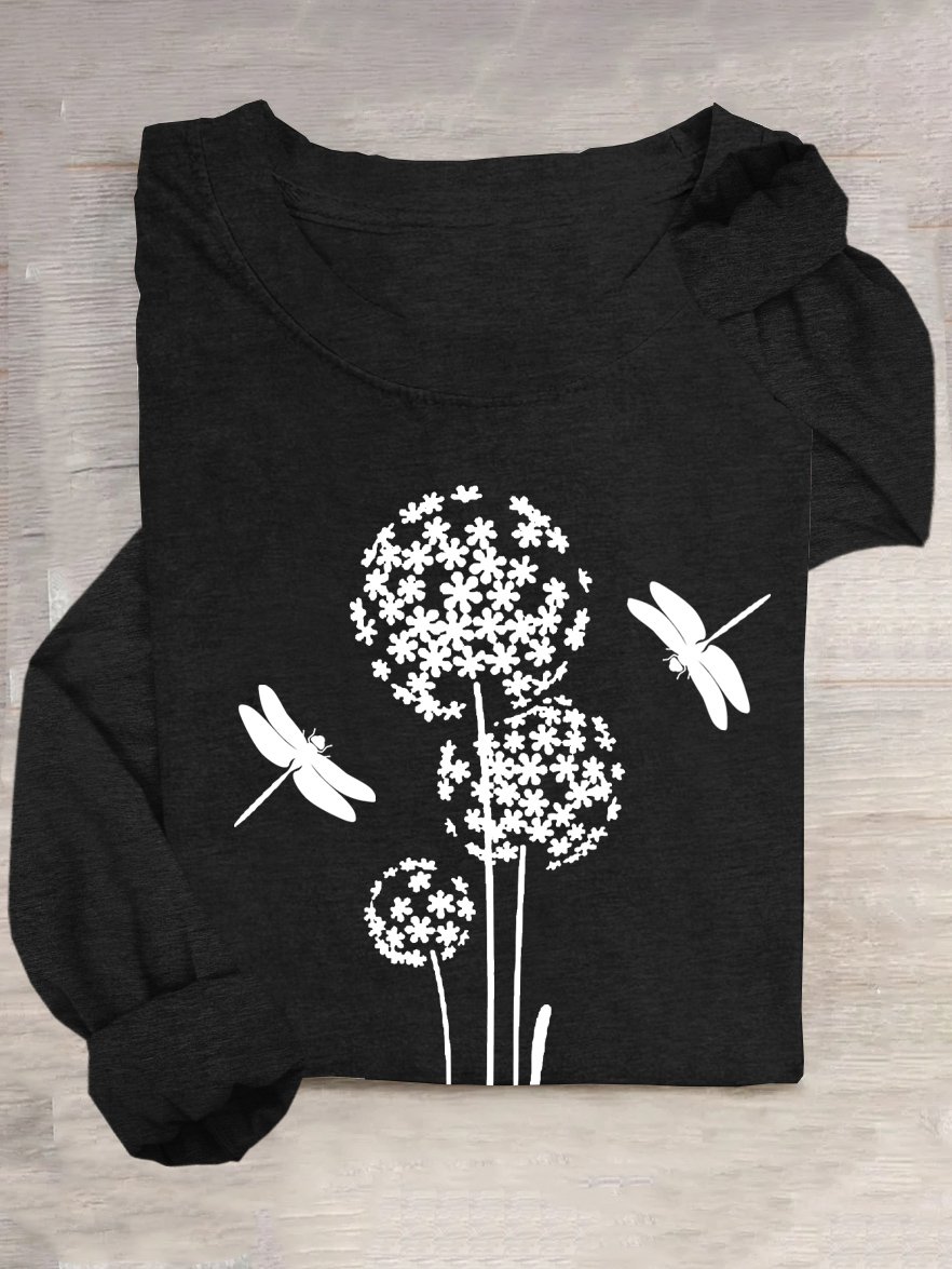 Crew Neck Dandelion Dragonfly Casual Loose T-Shirt