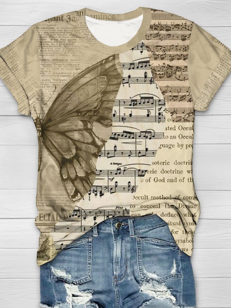 Text letters musical notes butterfly print, round neck short sleeved casual T-shirt