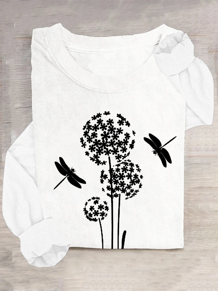 Crew Neck Dandelion Dragonfly Casual Loose T-Shirt