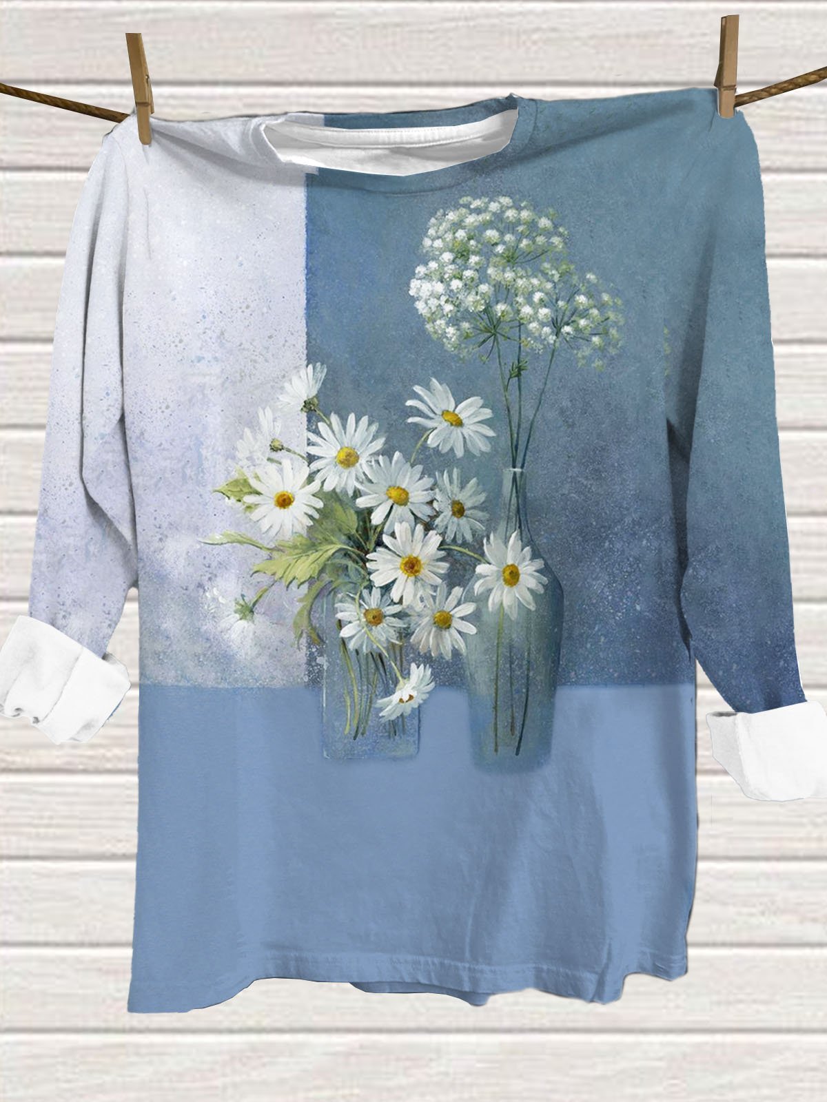 Daisy floral print round neck long sleeved casual T-shirt