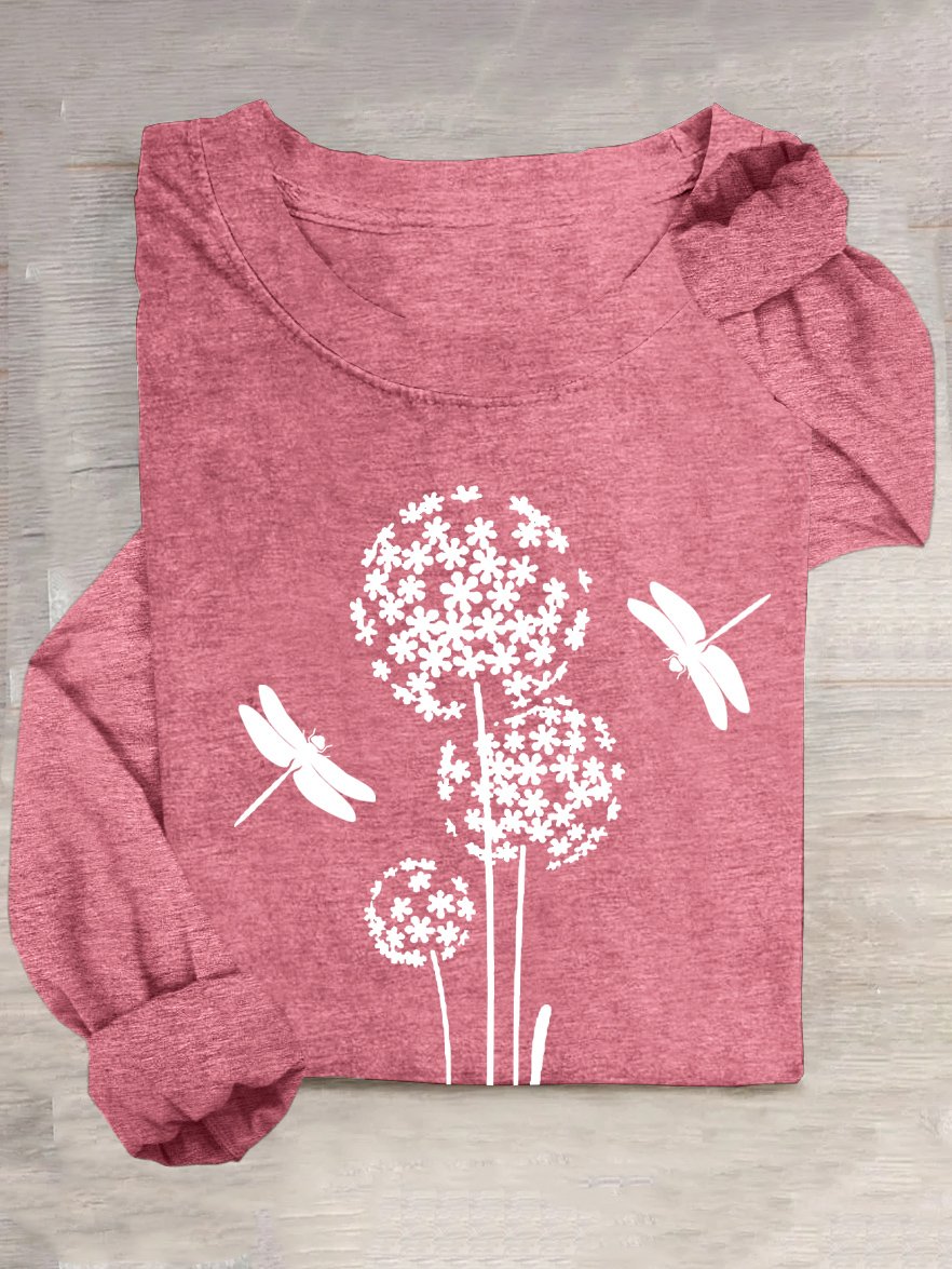 Crew Neck Dandelion Dragonfly Casual Loose T-Shirt