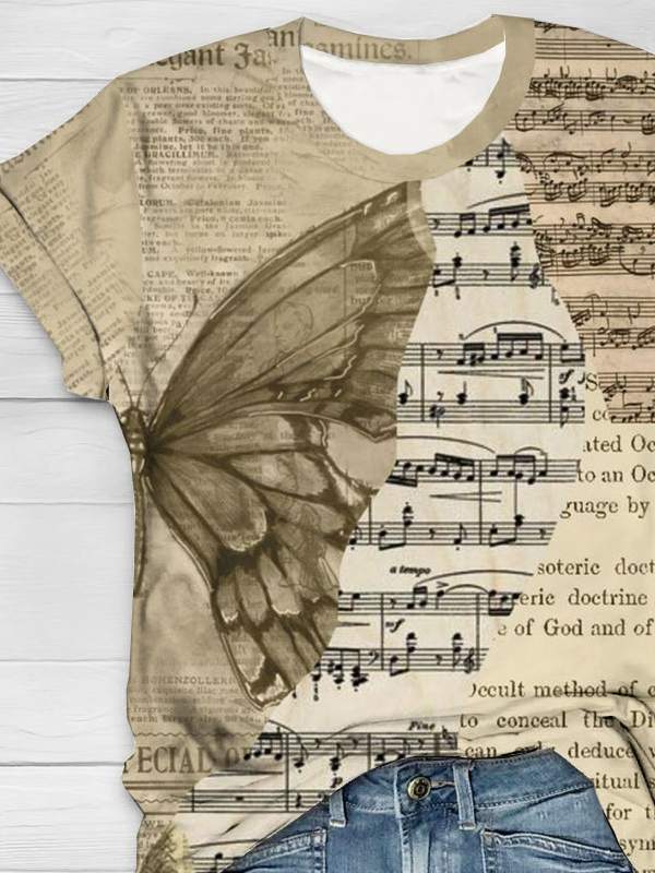 Text letters musical notes butterfly print, round neck short sleeved casual T-shirt