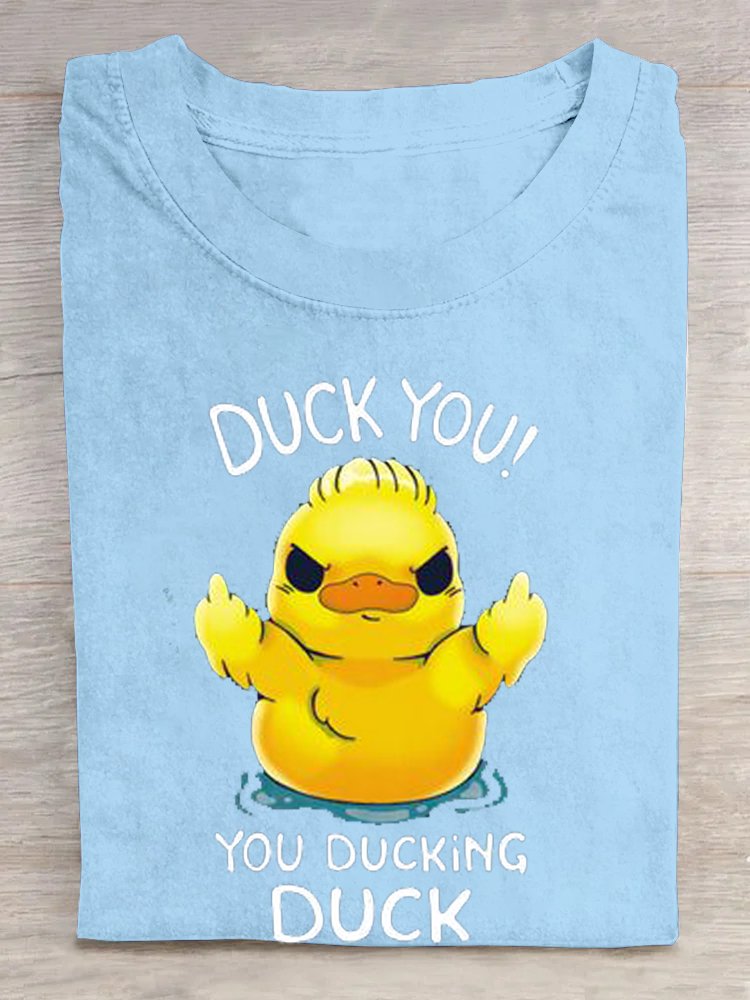 Duck Letter Pattern Casual Crew Neck Cotton T-Shirt