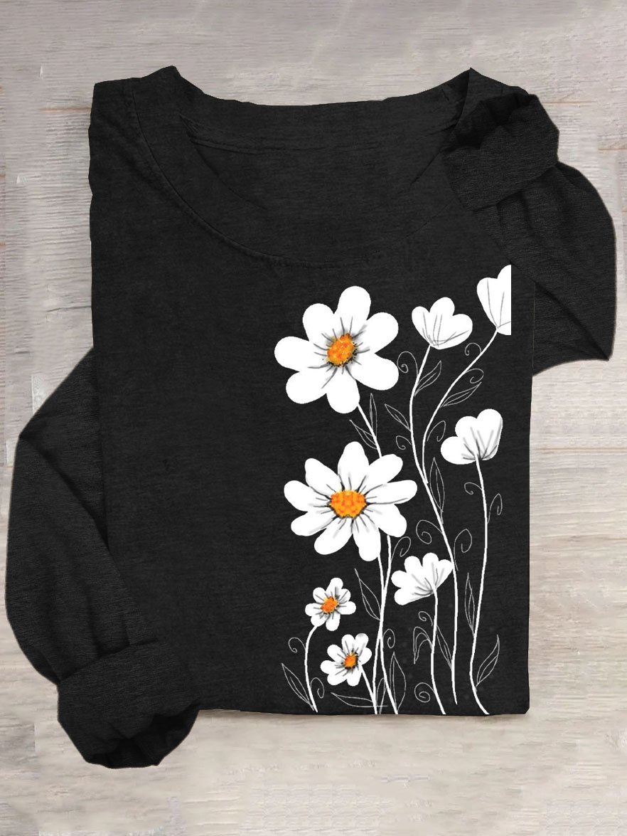 Floral print round neck long sleeved casual T-shirt