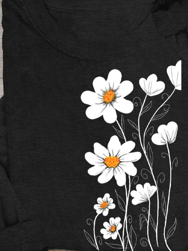 Floral print round neck long sleeved casual T-shirt