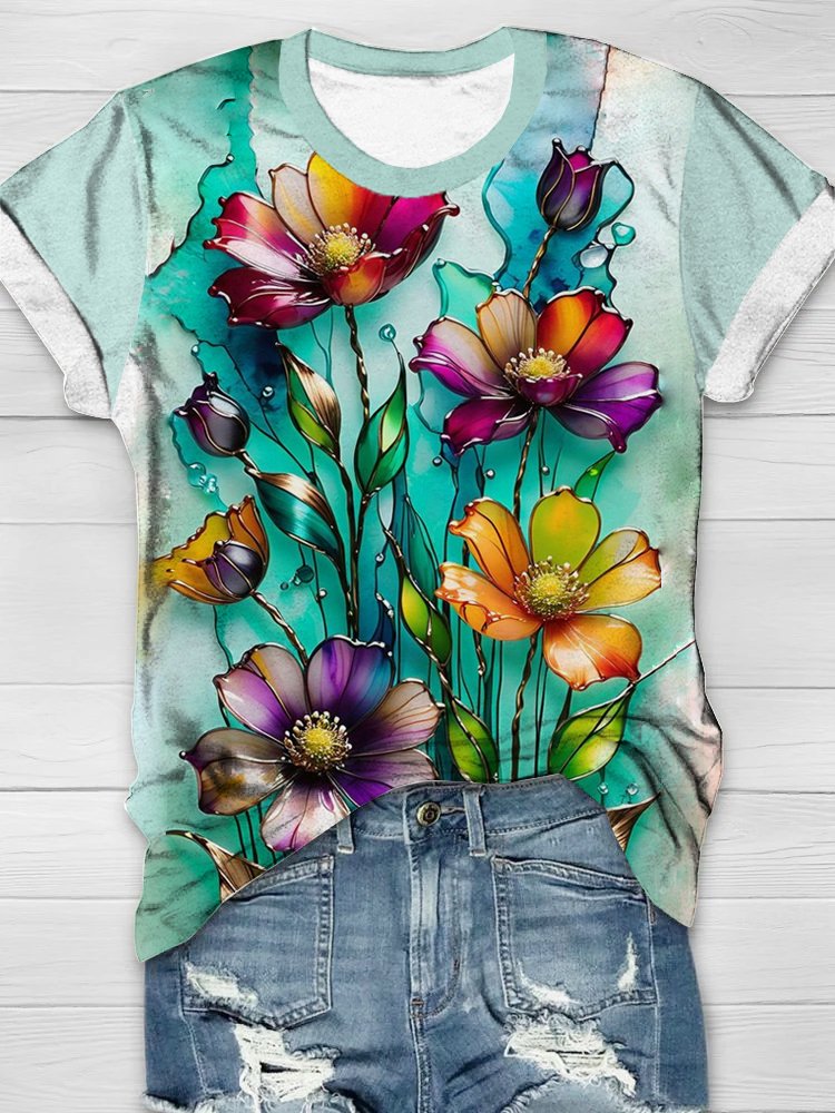 Jersey Crew Neck Casual Floral T-Shirt