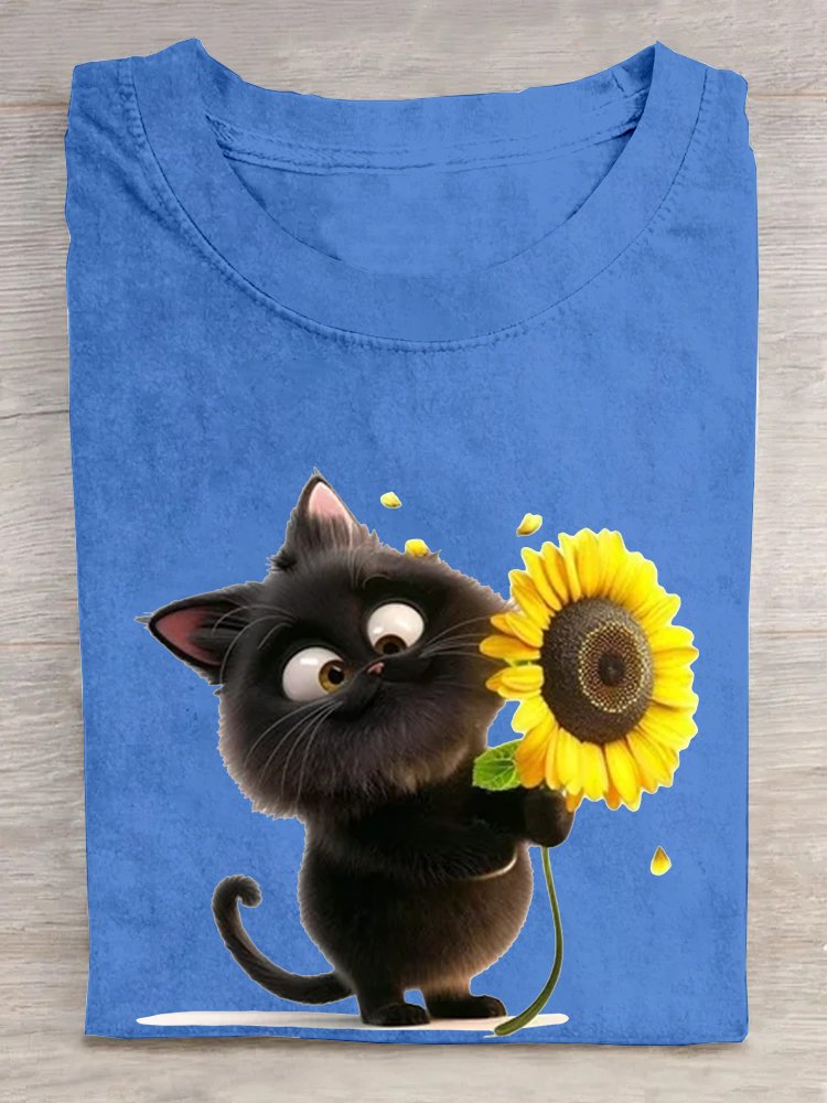 Loose Casual Cat Crew Neck T-Shirt