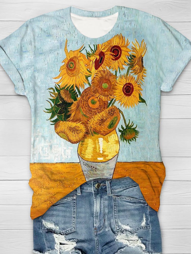 Sunflower print round neck short sleeved casual Floral T-shirt