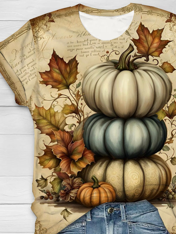 Halloween pumpkin print round neck short sleeved casual T-shirt