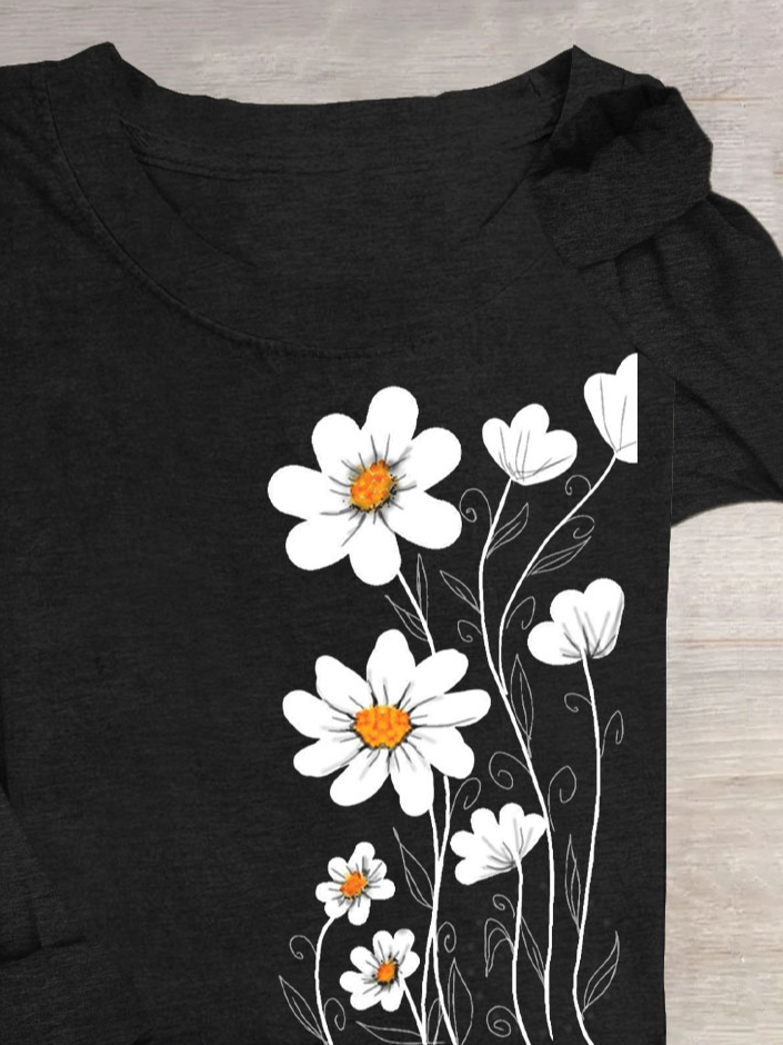 Floral print round neck long sleeved casual T-shirt