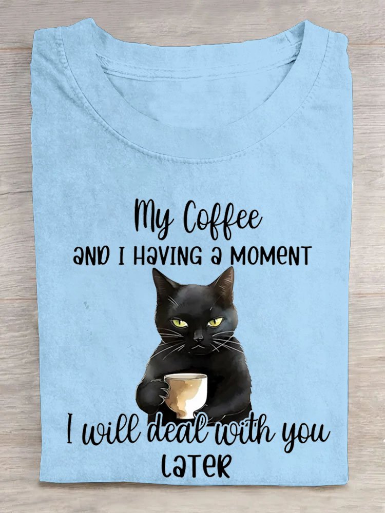 Funny Cat Text Letter Printed Round Neck T-shirt