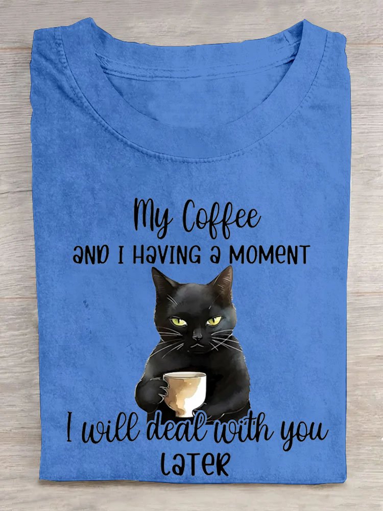 Funny Cat Text Letter Printed Round Neck T-shirt