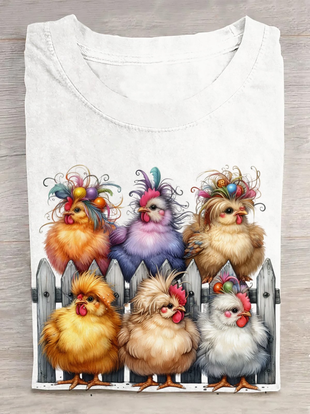 Casual Colorful Chickens Crew Neck Cotton T-Shirt