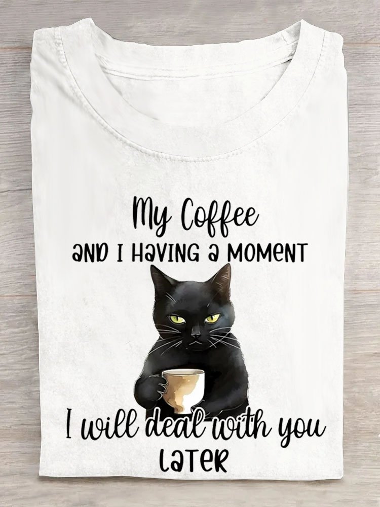 Funny Cat Text Letter Printed Round Neck T-shirt