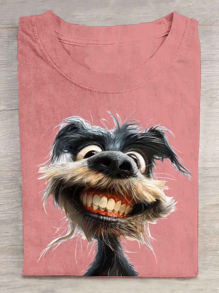 Funny Toothed Dog Printed Round Neck T-shirt