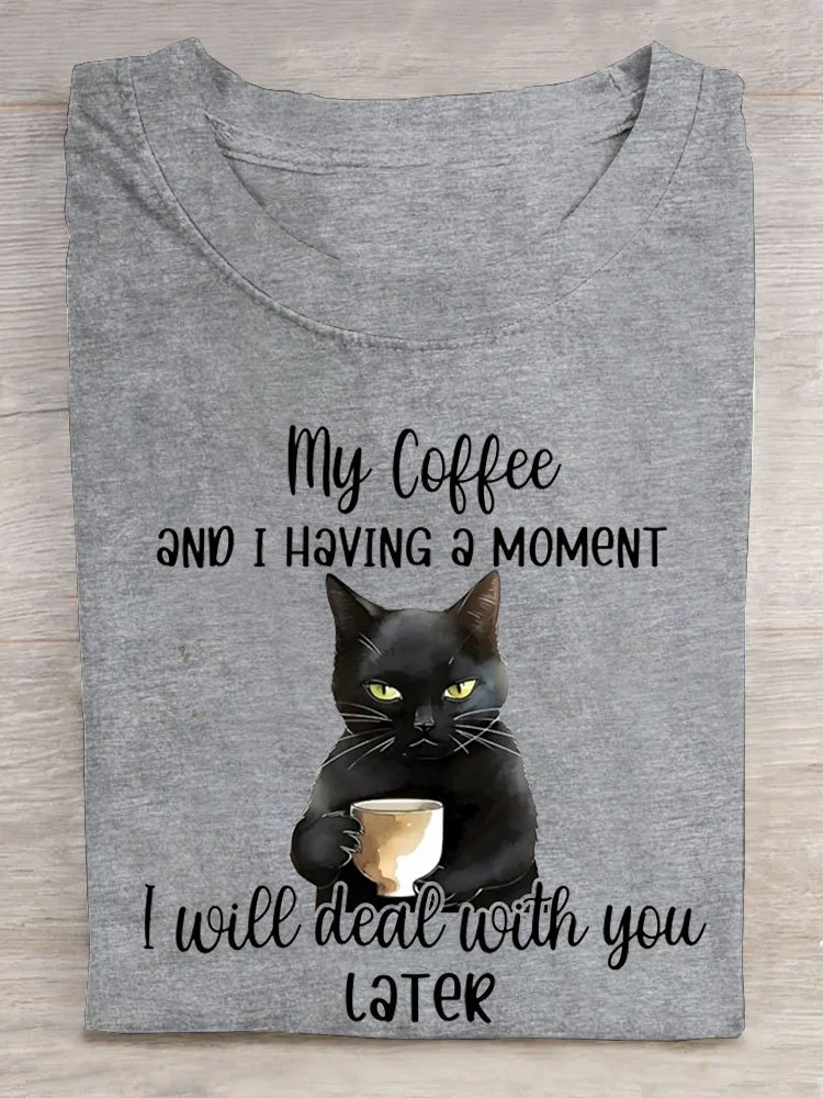 Funny Cat Text Letter Printed Round Neck T-shirt