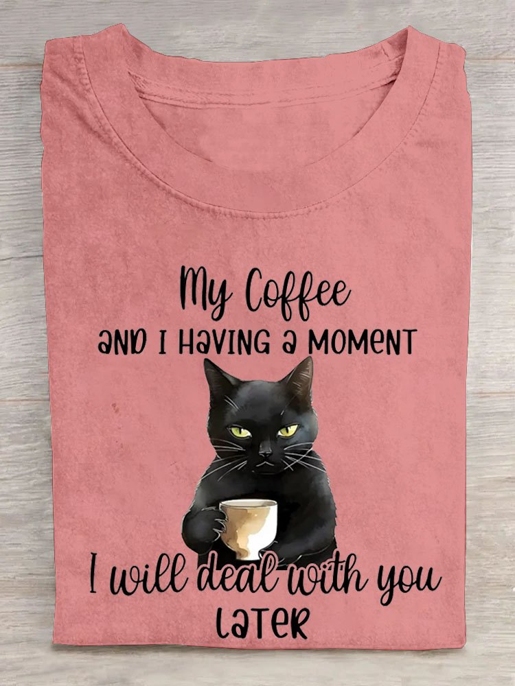 Funny Cat Text Letter Printed Round Neck T-shirt