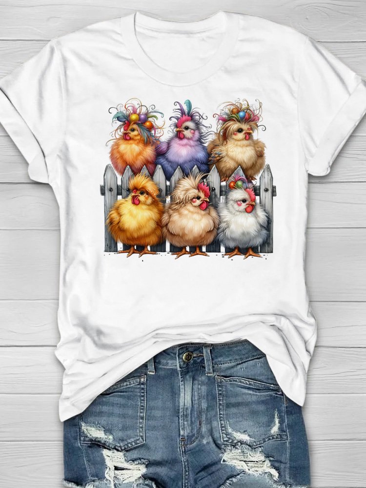 Casual Colorful Chickens Crew Neck Cotton T-Shirt