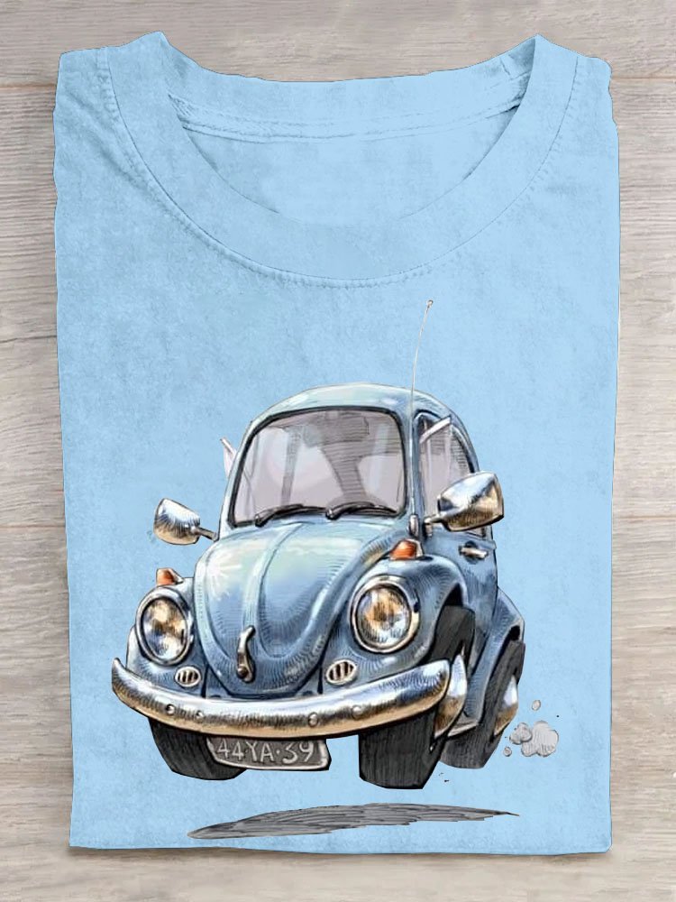 Fun car printed round neck T-shirt