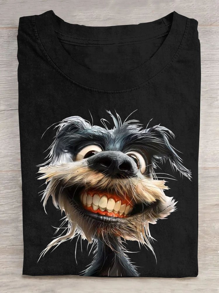 Funny Toothed Dog Printed Round Neck T-shirt