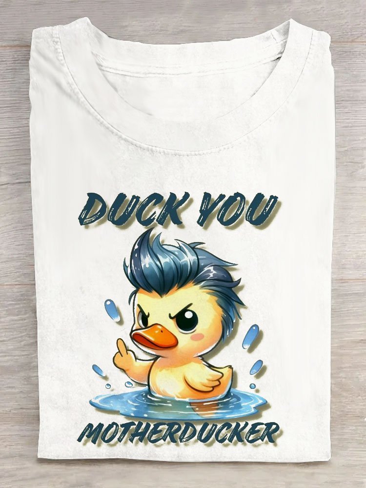 Funny Duck Text Letter Printed Round Neck T-shirt