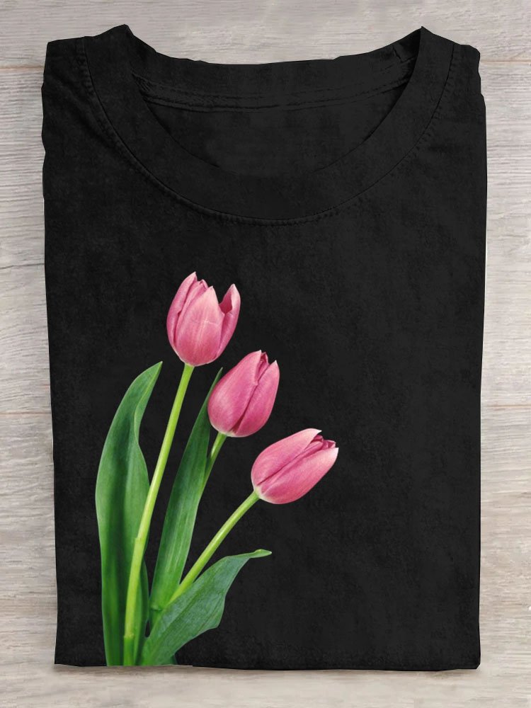 Tulip floral print round neck casual T-shirt