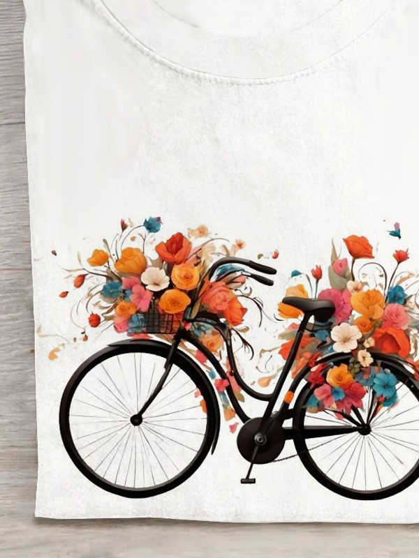 Floral bicycle printed round neck casual T-shirt