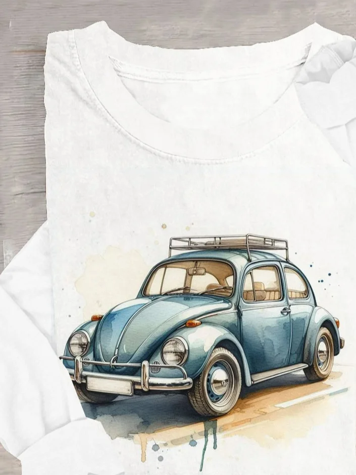 Retro car printed casual T-shirt