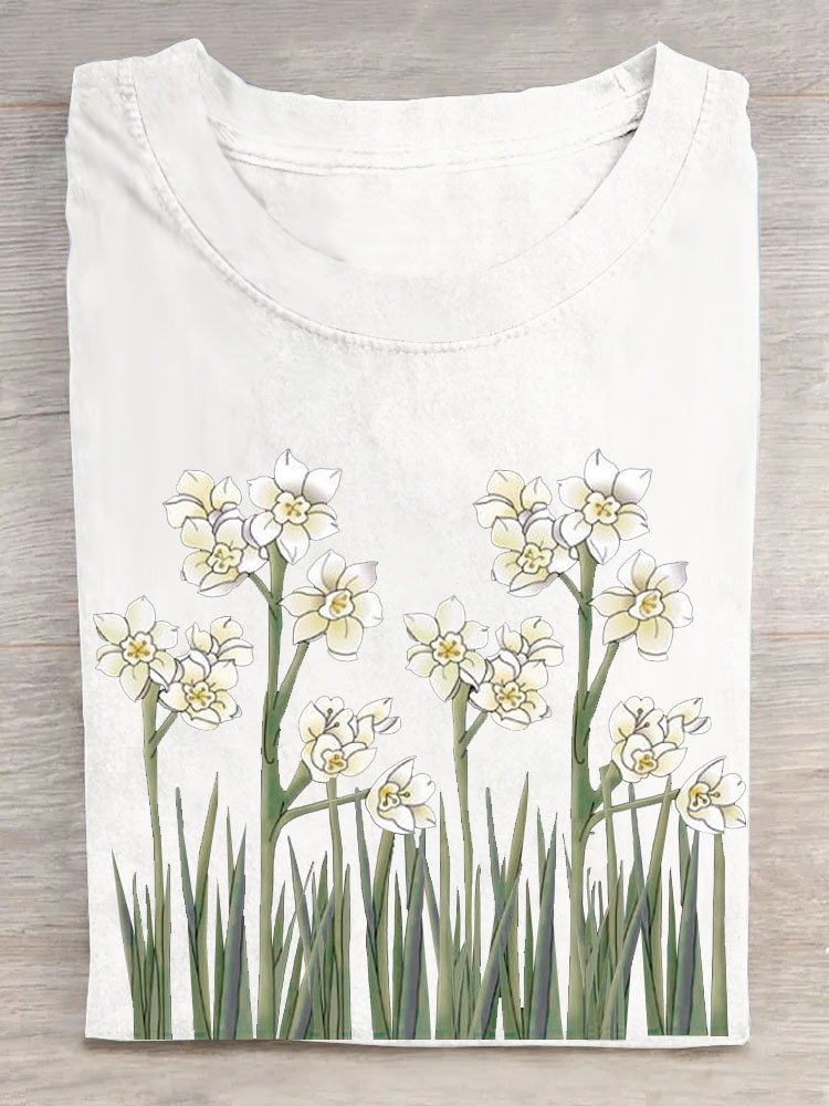 Narcissus floral print round neck casual T-shirt