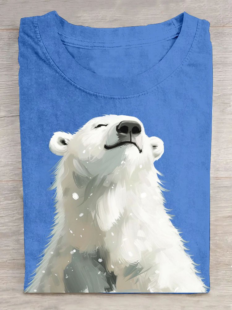 Polar Bear Printed Round Neck Casual T-shirt