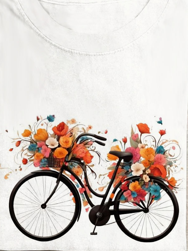 Floral bicycle printed round neck casual T-shirt