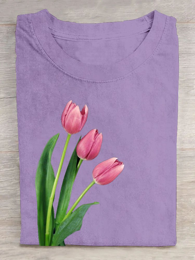 Tulip floral print round neck casual T-shirt