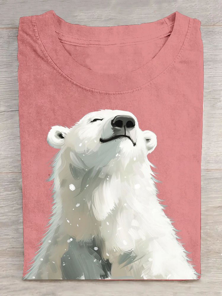 Polar Bear Printed Round Neck Casual T-shirt