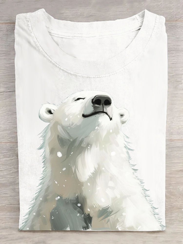 Polar Bear Printed Round Neck Casual T-shirt