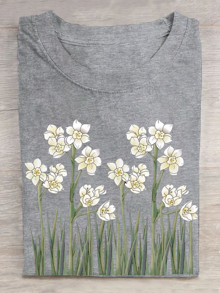 Narcissus floral print round neck casual T-shirt