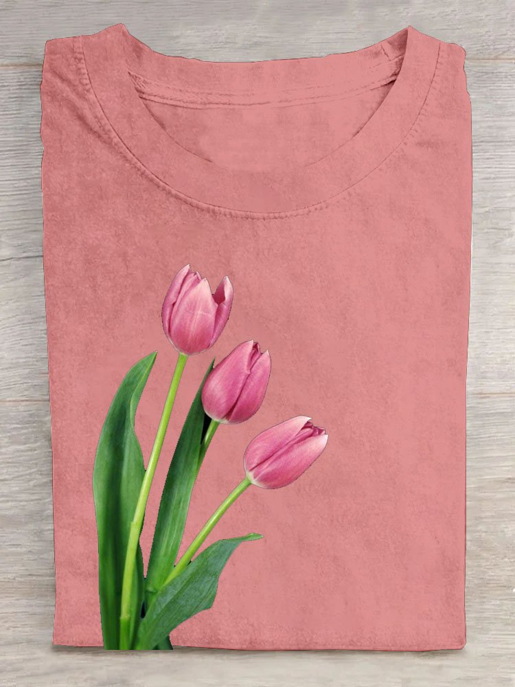 Tulip floral print round neck casual T-shirt