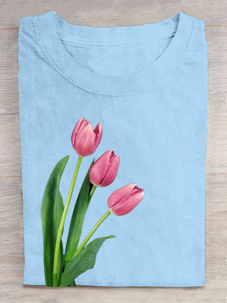 Tulip floral print round neck casual T-shirt