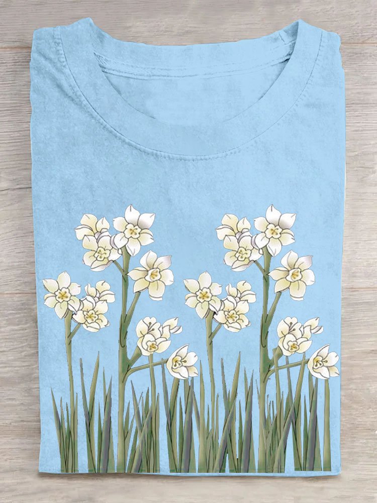 Narcissus floral print round neck casual T-shirt