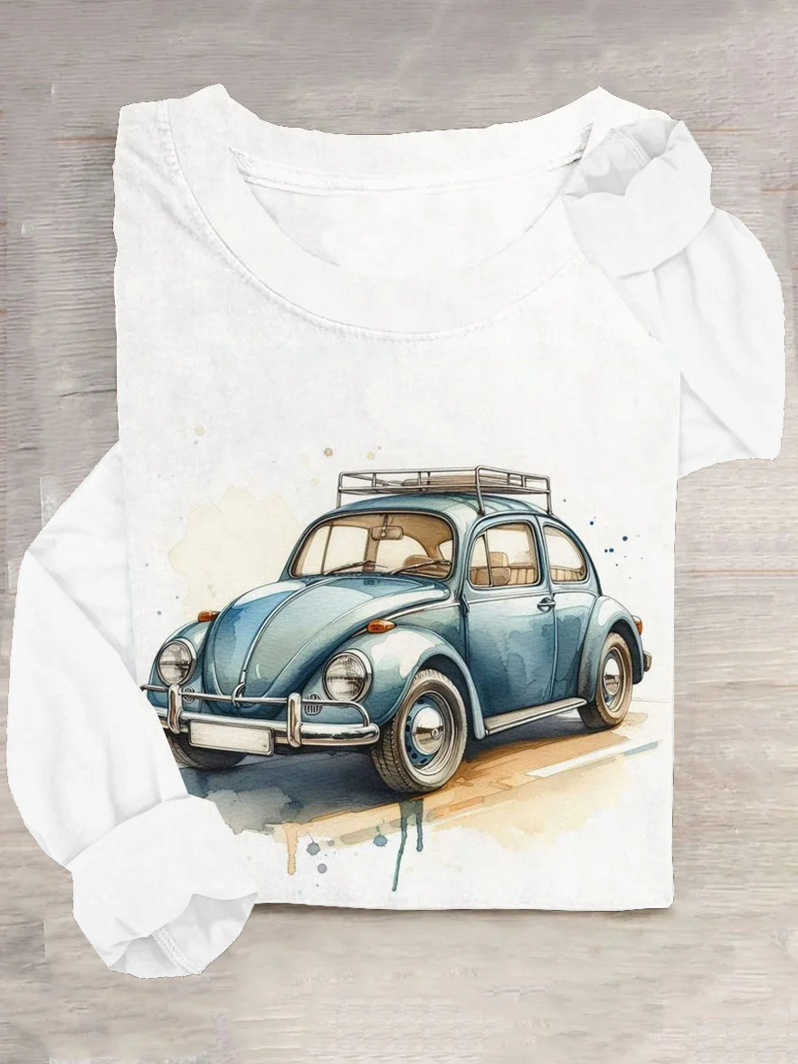 Retro car printed casual T-shirt