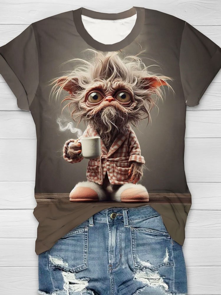 Funny Cat Printed Round Neck Casual T-shirt