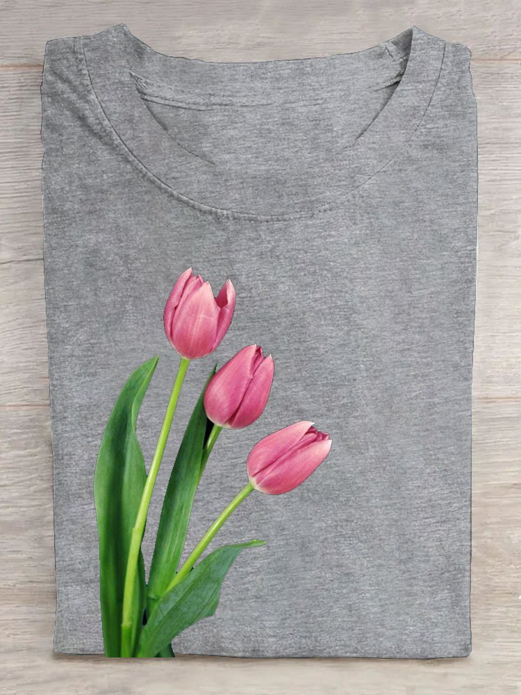 Tulip floral print round neck casual T-shirt