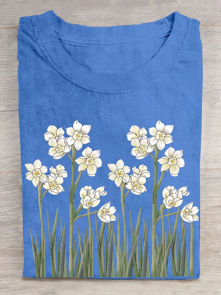 Narcissus floral print round neck casual T-shirt