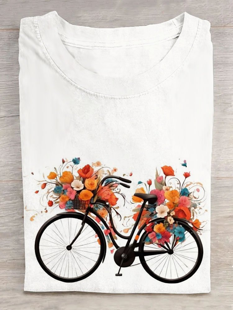 Floral bicycle printed round neck casual T-shirt