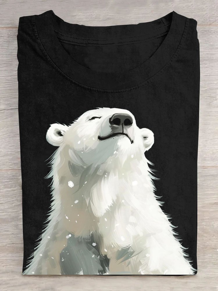 Polar Bear Printed Round Neck Casual T-shirt