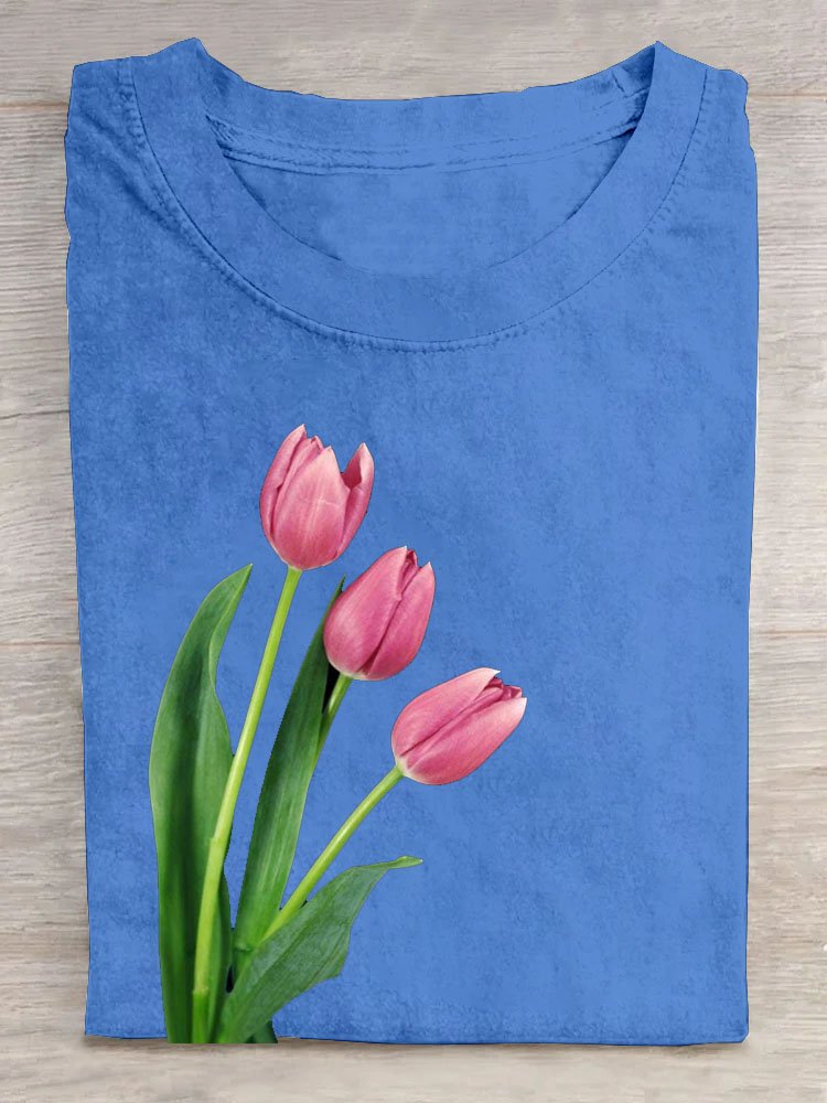 Tulip floral print round neck casual T-shirt