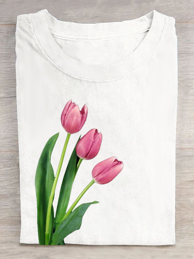 Tulip floral print round neck casual T-shirt