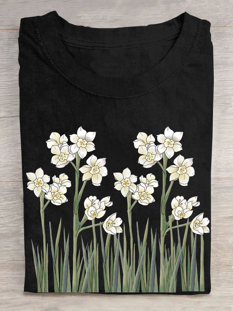 Narcissus floral print round neck casual T-shirt