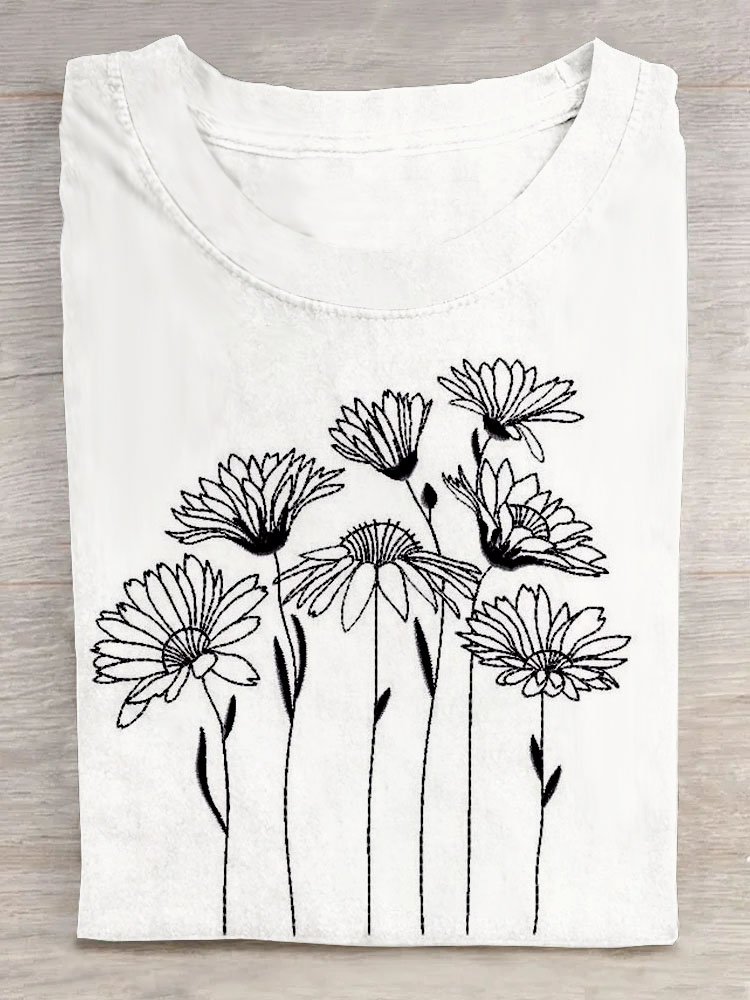 Floral print round neck short sleeved casual T-shirt