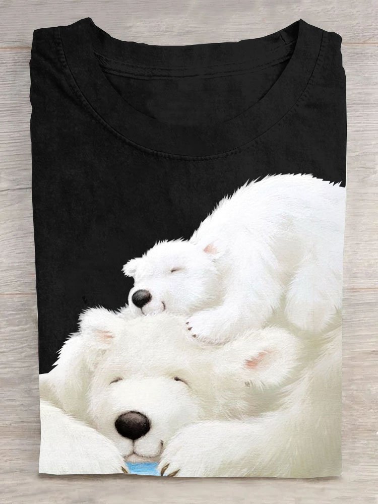 Polar Bear Printed Round Neck Casual Short Sleeve T-shirt