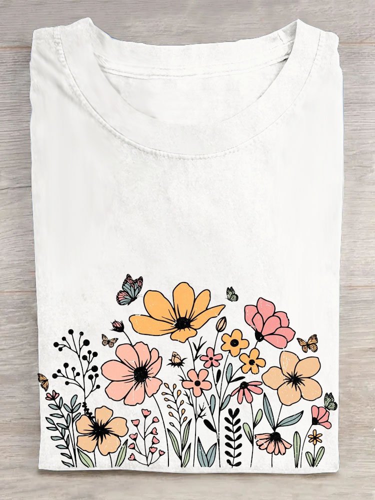 Cotton Crew Neck Floral Casual T-Shirt